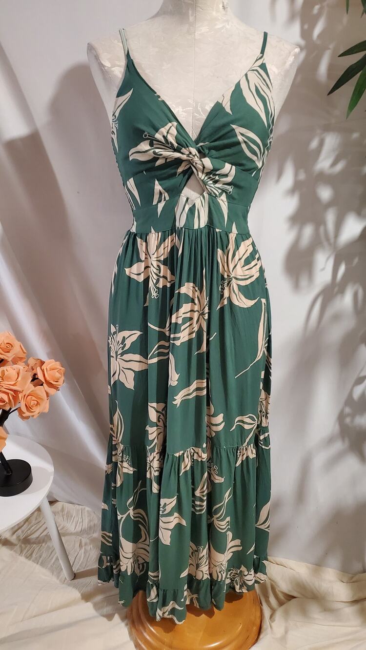 Angie Twist Front Keyhole Smocked Tiered Maxi Dress S Hippie Fairy Boho Floral
